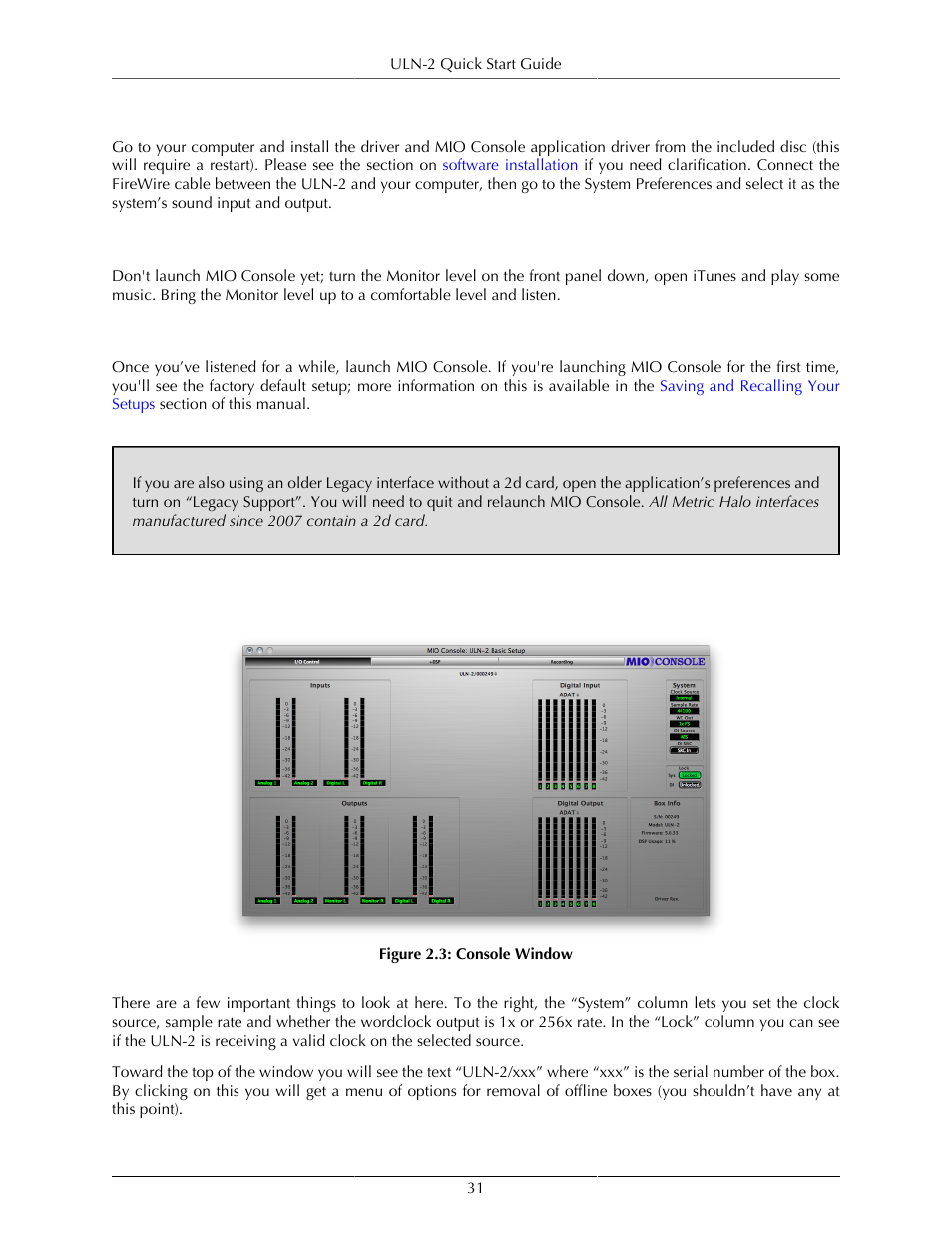 Connect the uln-2, Take a listen, Mio console | The console window, 31 take a listen, 31 mio console, Console window | Metric Halo Mobile I/O User Manual | Page 31 / 371