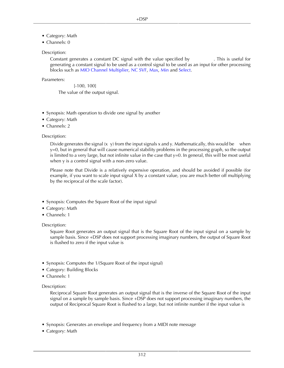 Divide, Square root, Reciprocal square root | Adsr, 312 square root, 312 reciprocal square root, 312 adsr | Metric Halo Mobile I/O User Manual | Page 312 / 371