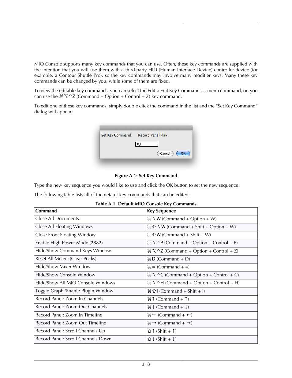 A. mio console key commands, Key commands, A.1. set key command | A.1. default mio console key commands | Metric Halo Mobile I/O User Manual | Page 318 / 371