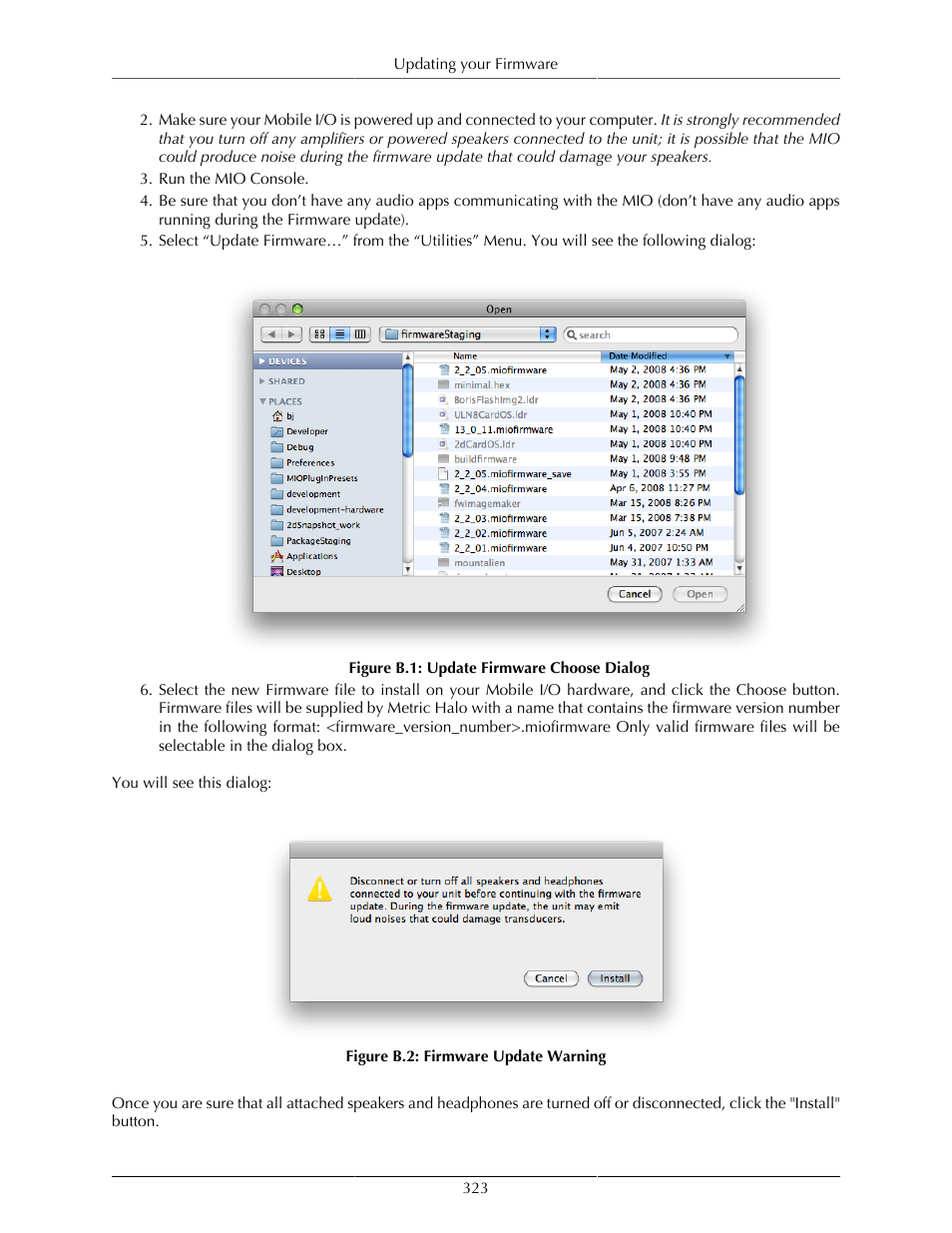 B.1. update firmware choose dialog, 323 b.2. firmware update warning | Metric Halo Mobile I/O User Manual | Page 323 / 371