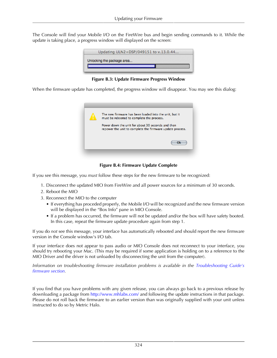 Rolling back your firmware, B.3. update firmware progress window, 324 b.4. firmware update complete | Metric Halo Mobile I/O User Manual | Page 324 / 371