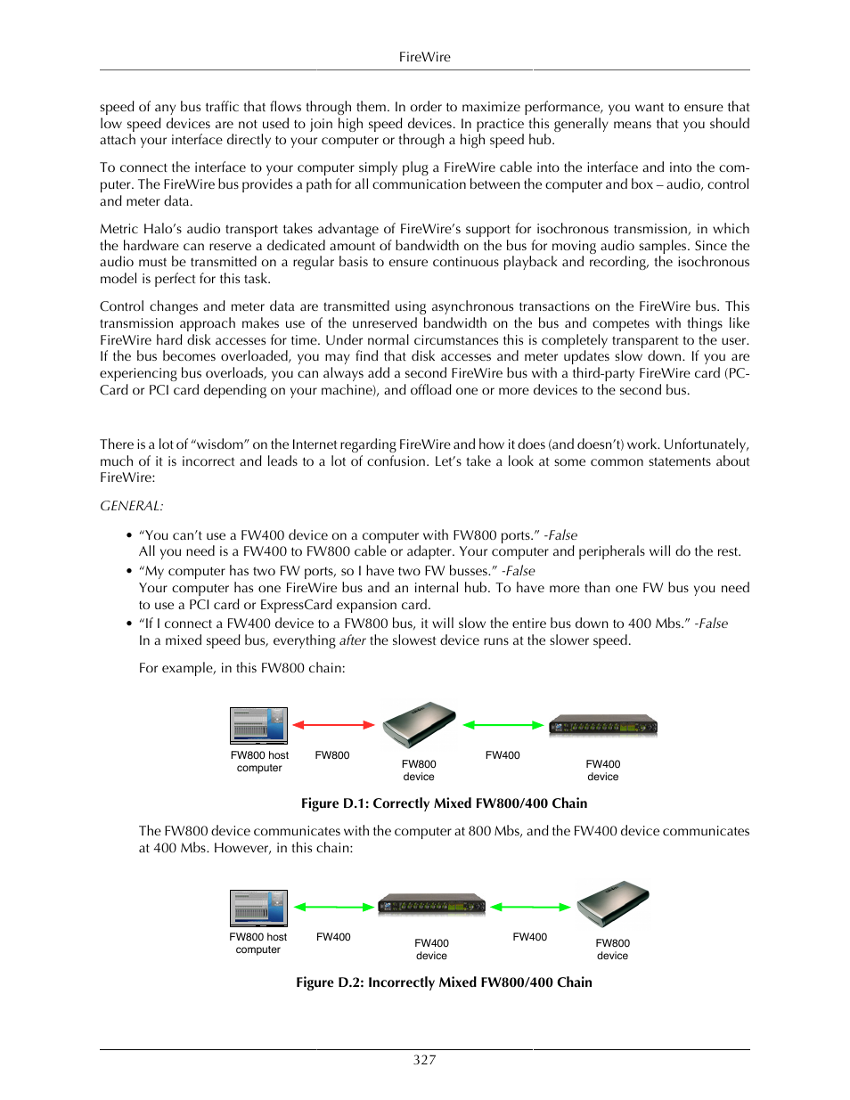 Firewire faq, D.1. correctly mixed fw800/400 chain, 327 d.2. incorrectly mixed fw800/400 chain | Metric Halo Mobile I/O User Manual | Page 327 / 371
