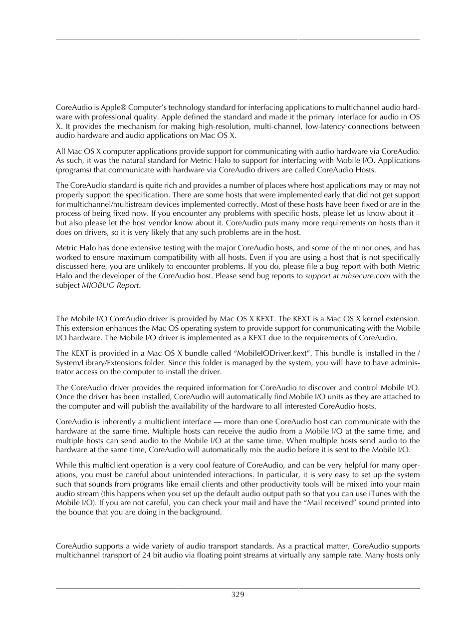 E. coreaudio, About coreaudio™ technology, How the coreaudio driver works | Coreaudio transport and sample rates, 329 how the coreaudio driver works, 329 coreaudio transport and sample rates | Metric Halo Mobile I/O User Manual | Page 329 / 371