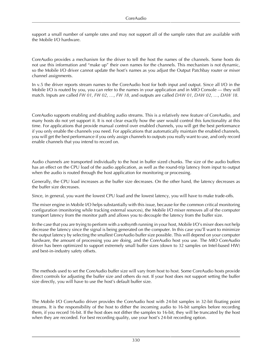 Channel names, Channel enables, Coreaudio buffers | Setting the coreaudio buffer size, Sample size, 330 channel enables, 330 coreaudio buffers, 330 setting the coreaudio buffer size, 330 sample size | Metric Halo Mobile I/O User Manual | Page 330 / 371