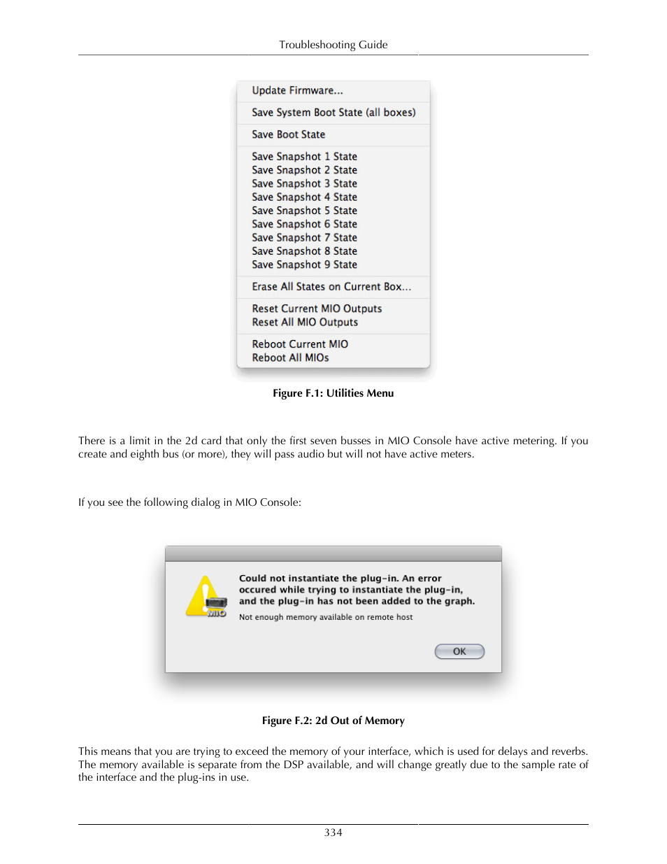 Missing meters in mio console, Could not instantiate plug-in, 334 could not instantiate plug-in | F.1. utilities menu, 334 f.2. 2d out of memory | Metric Halo Mobile I/O User Manual | Page 334 / 371