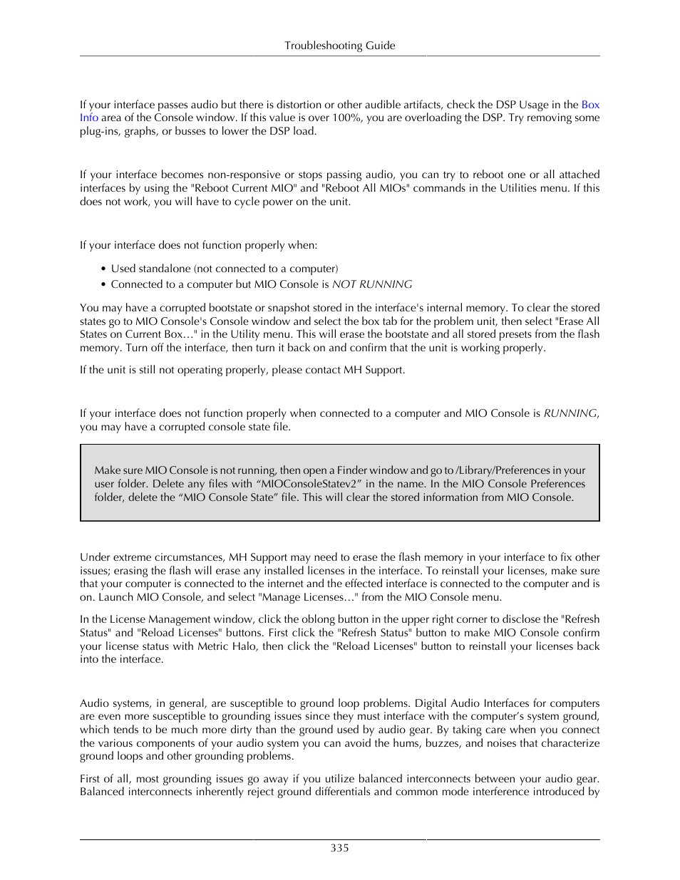 Digital distortion, Interface has crashed, Corrupted bootstate | Corrupted console state, License reinstallation, Ground loops, 335 interface has crashed, 335 corrupted bootstate, 335 corrupted console state, 335 license reinstallation | Metric Halo Mobile I/O User Manual | Page 335 / 371