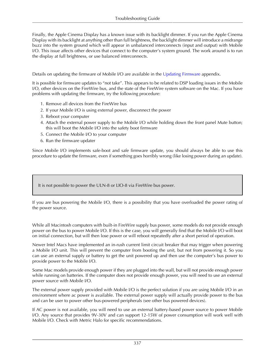 Firmware update problems, Bus powering mobile i/o, Not enough power on the bus | 337 bus powering mobile i/o | Metric Halo Mobile I/O User Manual | Page 337 / 371