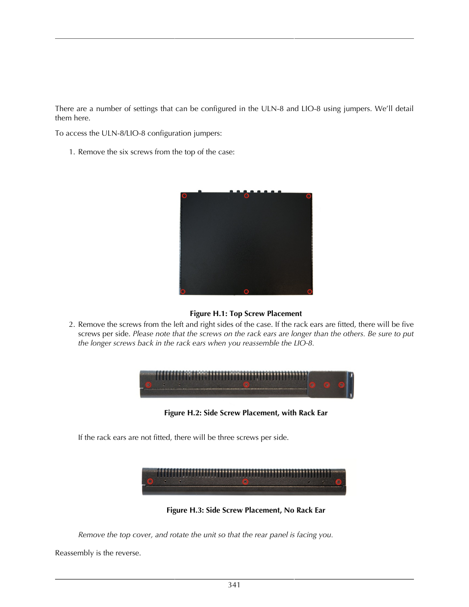H. uln-8/lio-8 jumper settings, Overview, H.1. top screw placement | 341 h.2. side screw placement, with rack ear, 341 h.3. side screw placement, no rack ear | Metric Halo Mobile I/O User Manual | Page 341 / 371
