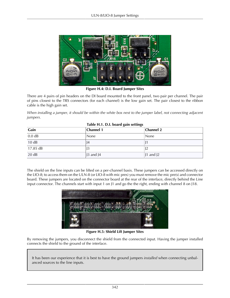 D.i. board, Line input grounding, 342 line input grounding | H.4. d.i. board jumper sites, 342 h.5. shield lift jumper sites, H.1. d.i. board gain settings | Metric Halo Mobile I/O User Manual | Page 342 / 371