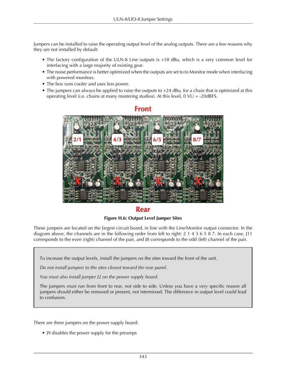 Output levels, Power supply, 343 power supply | H.6. output level jumper sites | Metric Halo Mobile I/O User Manual | Page 343 / 371