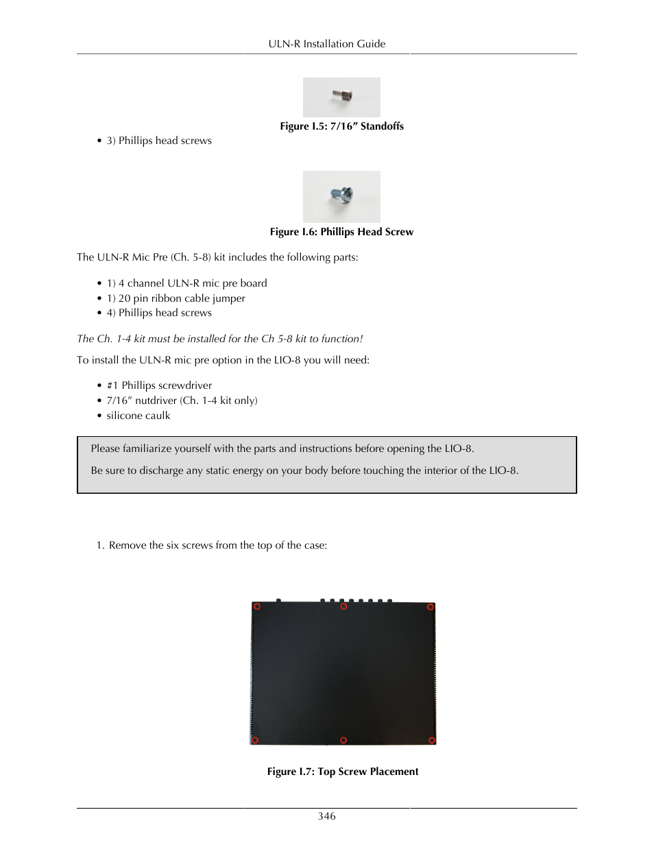 Installing the mic pres, I.5. 7/16” standoffs, 346 i.6. phillips head screw | 346 i.7. top screw placement | Metric Halo Mobile I/O User Manual | Page 346 / 371