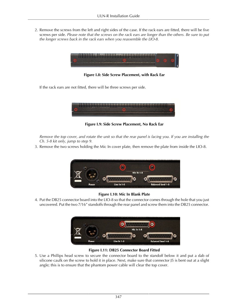 I.8. side screw placement, with rack ear, 347 i.9. side screw placement, no rack ear, 347 i.10. mic in blank plate | 347 i.11. db25 connector board fitted | Metric Halo Mobile I/O User Manual | Page 347 / 371