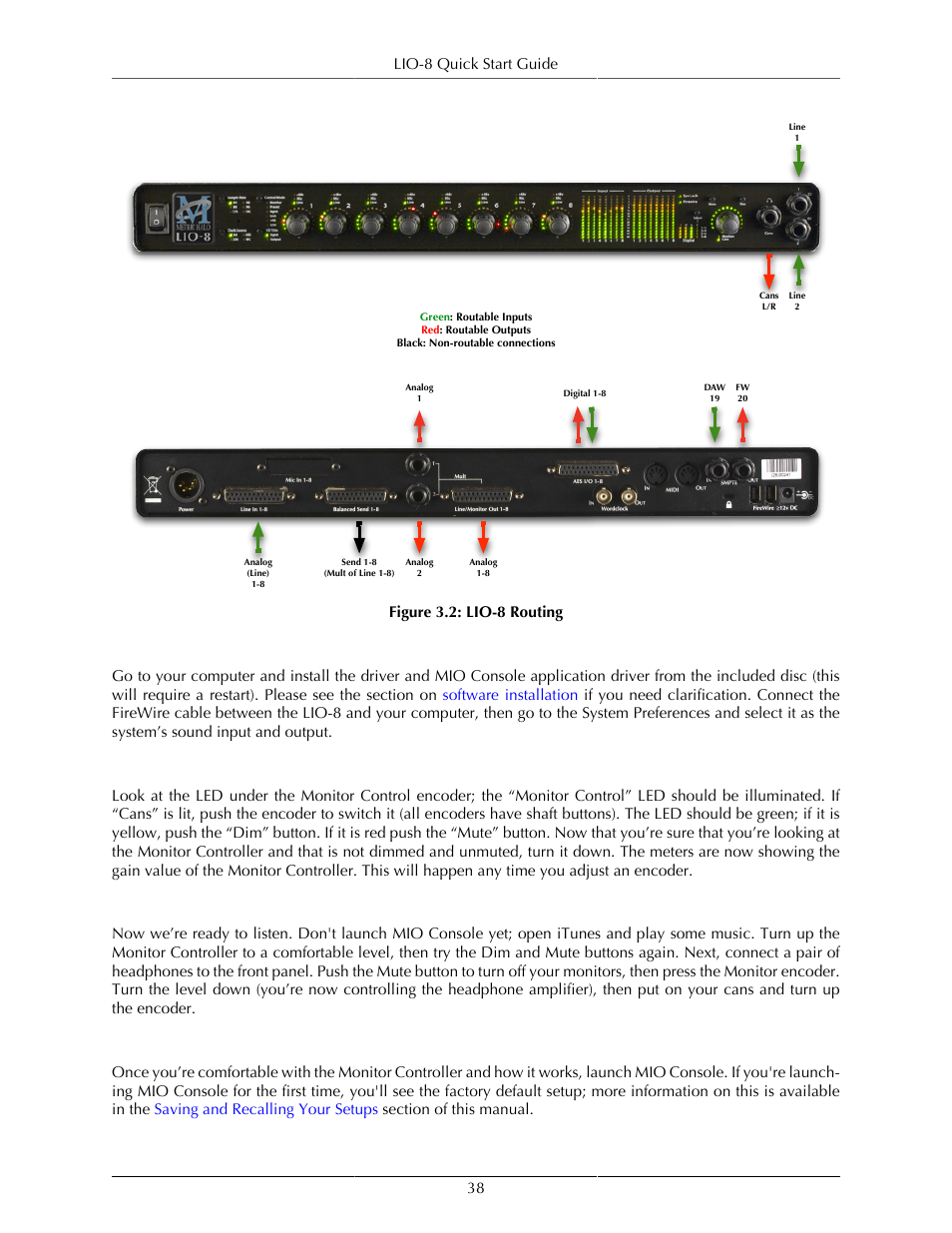 Connect the lio-8, Get familiar with the front panel, Take a listen | Mio console, 38 get familiar with the front panel, 38 take a listen, 38 mio console, Lio-8 routing | Metric Halo Mobile I/O User Manual | Page 38 / 371