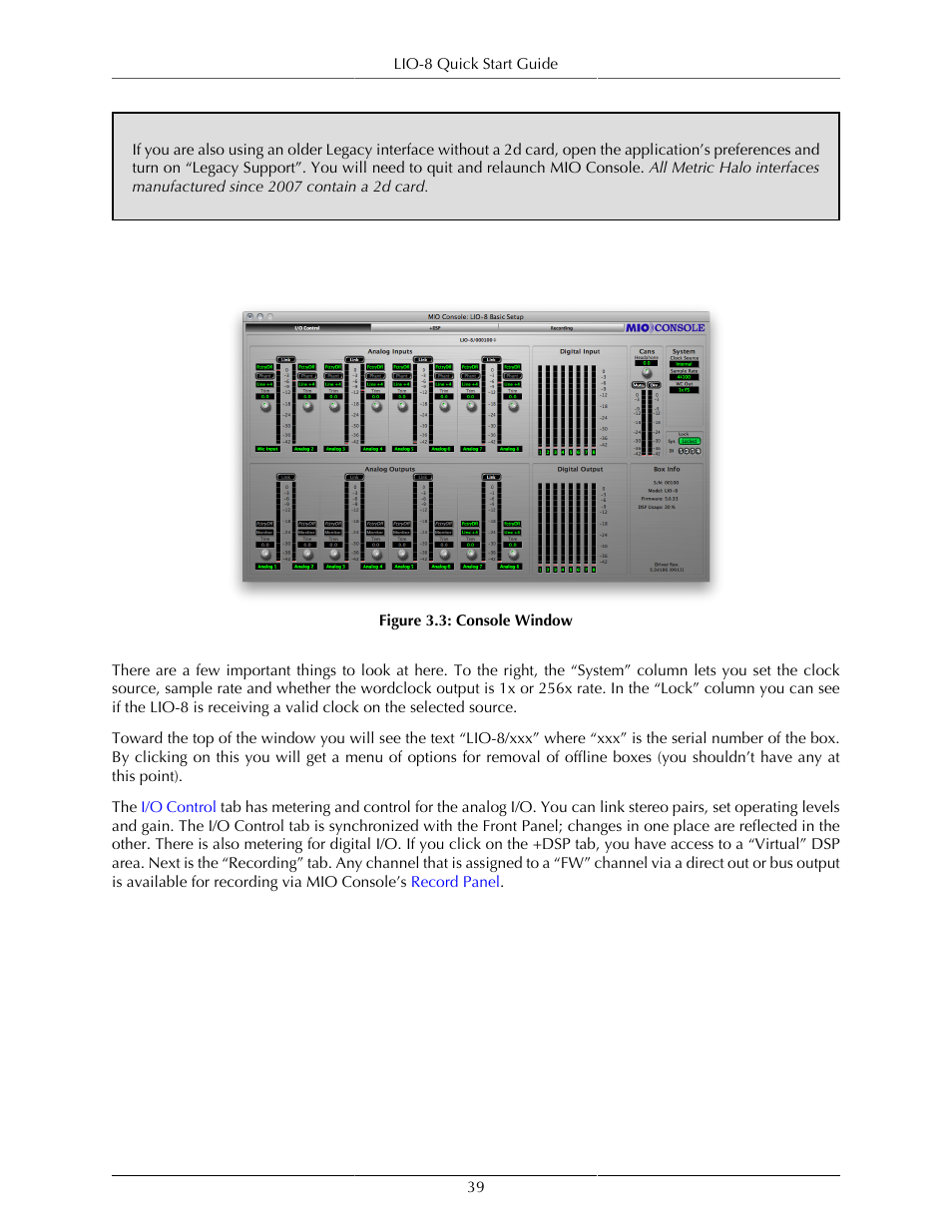 The console window, Console window | Metric Halo Mobile I/O User Manual | Page 39 / 371