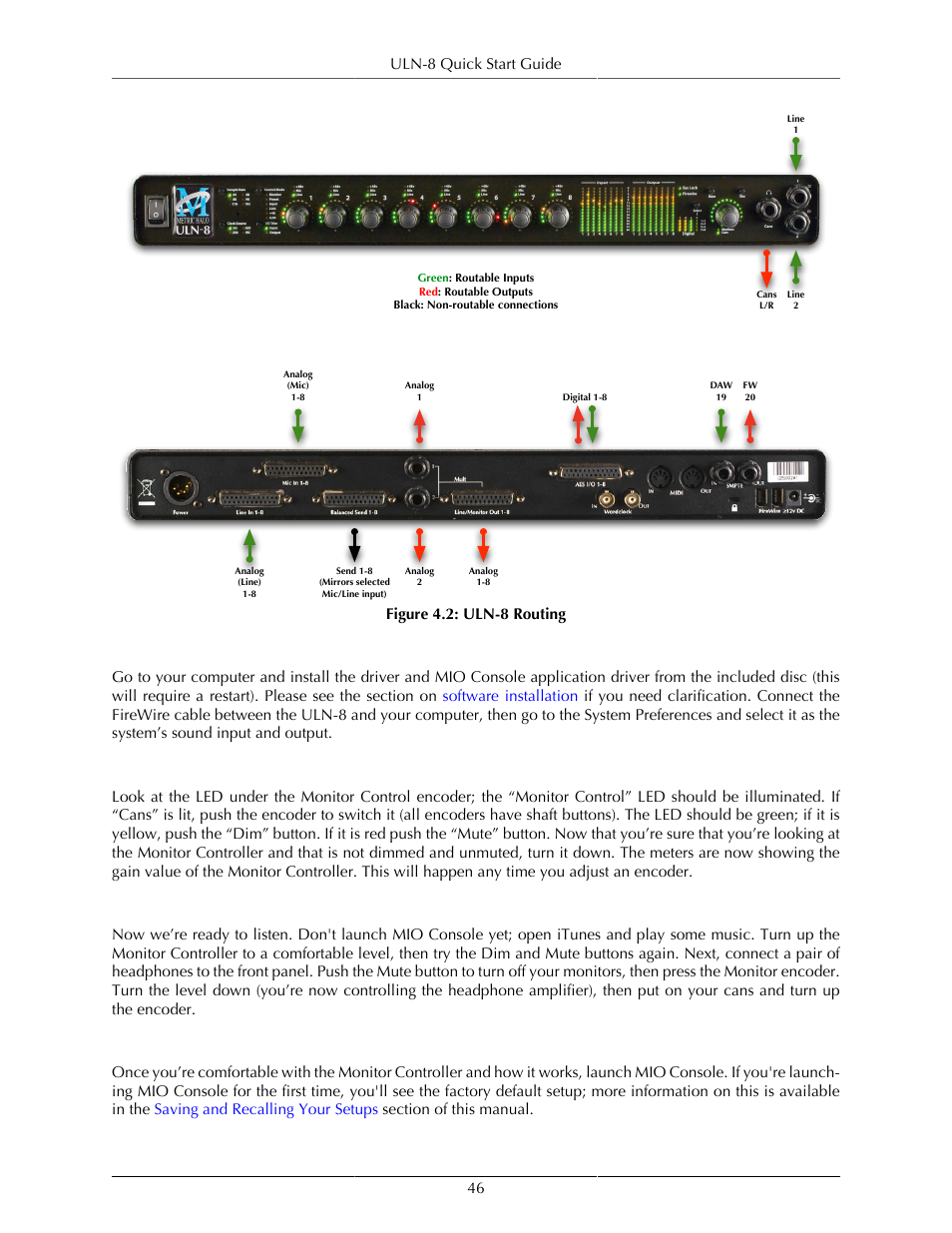 Connect the uln-8, Get familiar with the front panel, Take a listen | Mio console, 46 get familiar with the front panel, 46 take a listen, 46 mio console, Uln-8 routing, Uln-8 quick start guide 46, Figure 4.2: uln-8 routing | Metric Halo Mobile I/O User Manual | Page 46 / 371