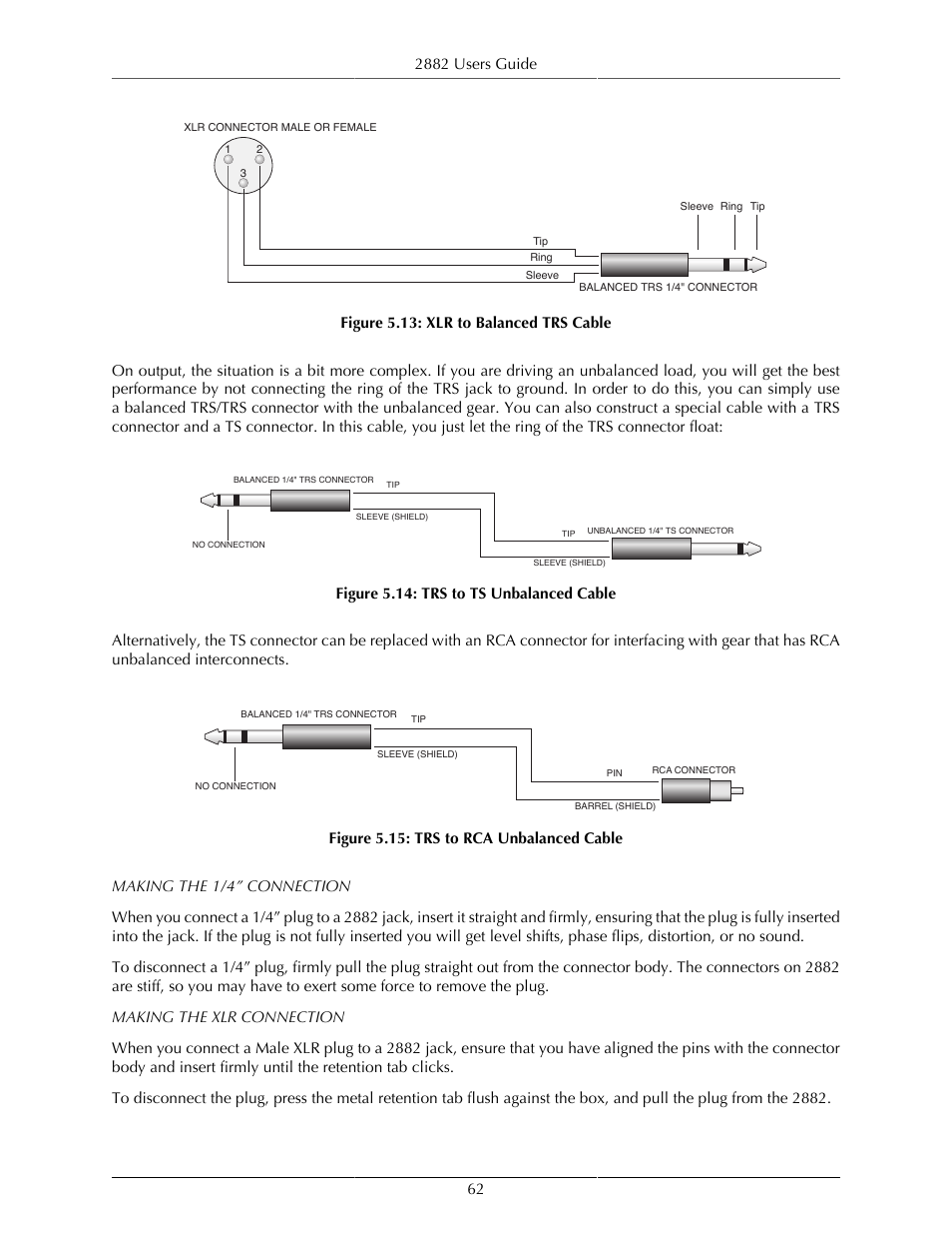 Xlr to balanced trs cable, 62 5.14. trs to ts unbalanced cable, 62 5.15. trs to rca unbalanced cable | Metric Halo Mobile I/O User Manual | Page 62 / 371