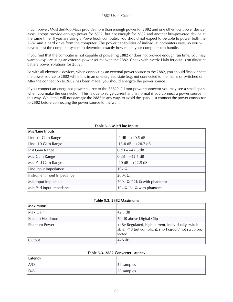 2882 specifications, Mic/line inputs, 65 5.2. 2882 maximums | 65 5.3. 2882 converter latency | Metric Halo Mobile I/O User Manual | Page 65 / 371