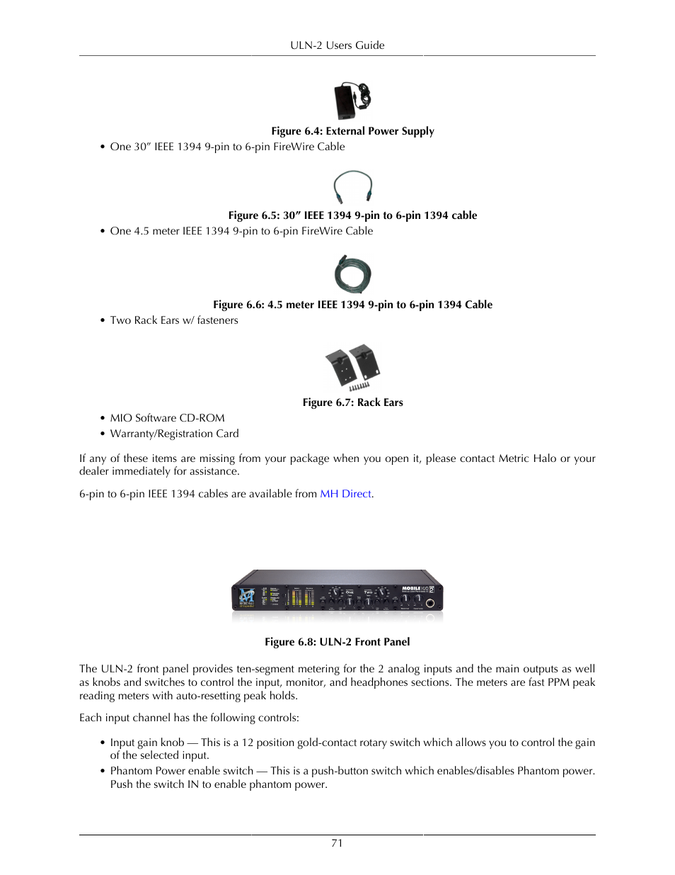 Using the uln-2 hardware, Uln-2 front panel, External power supply | 71 6.5. 30” ieee 1394 9-pin to 6-pin 1394 cable, 71 6.7. rack ears, 71 6.8. uln-2 front panel | Metric Halo Mobile I/O User Manual | Page 71 / 371