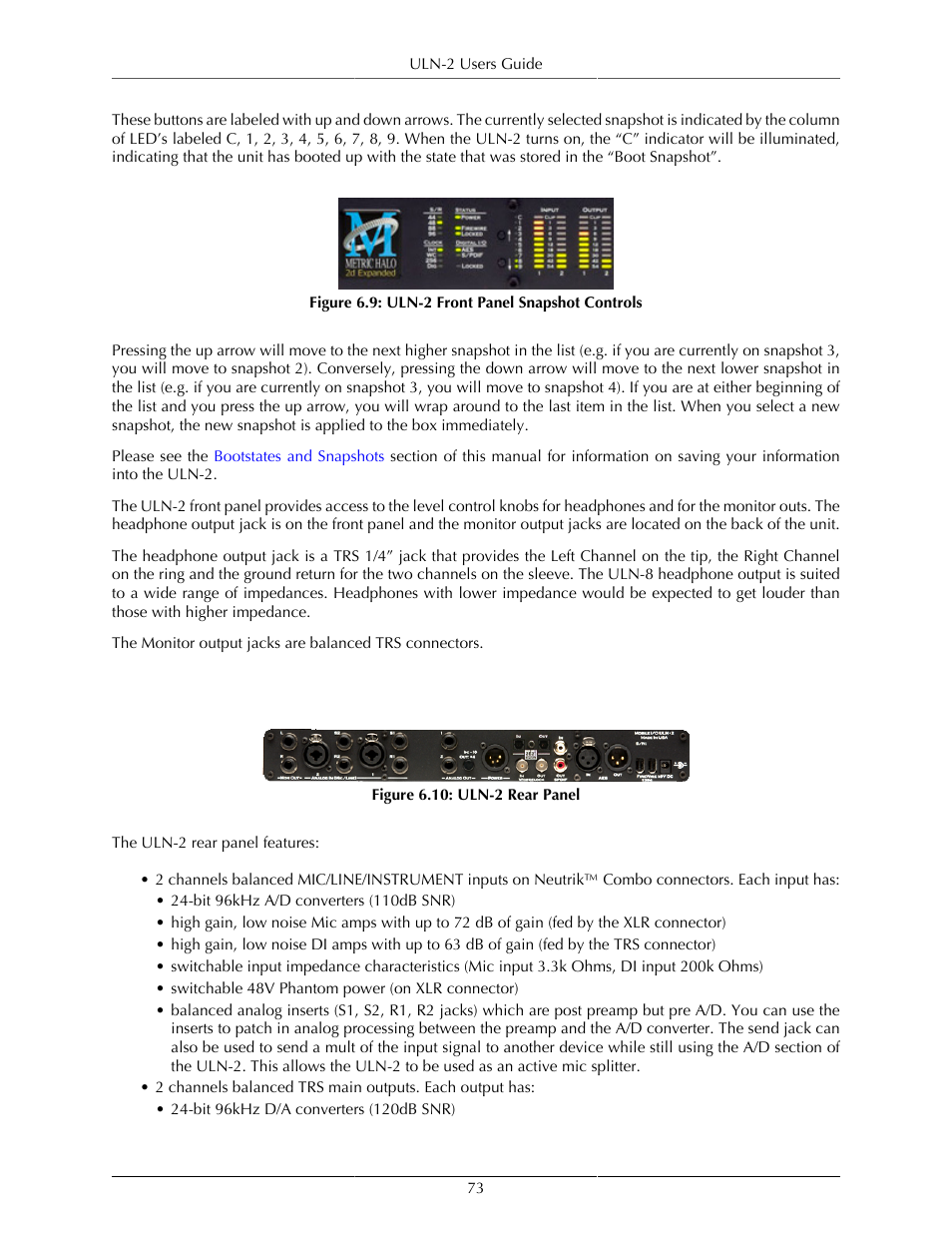 Uln-2 rear panel, Uln-2 front panel snapshot controls, 73 6.10. uln-2 rear panel | Metric Halo Mobile I/O User Manual | Page 73 / 371