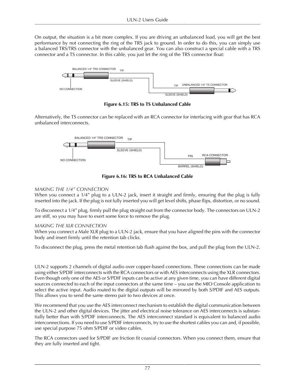 Copper-based digital audio, Trs to ts unbalanced cable, 77 6.16. trs to rca unbalanced cable | Metric Halo Mobile I/O User Manual | Page 77 / 371
