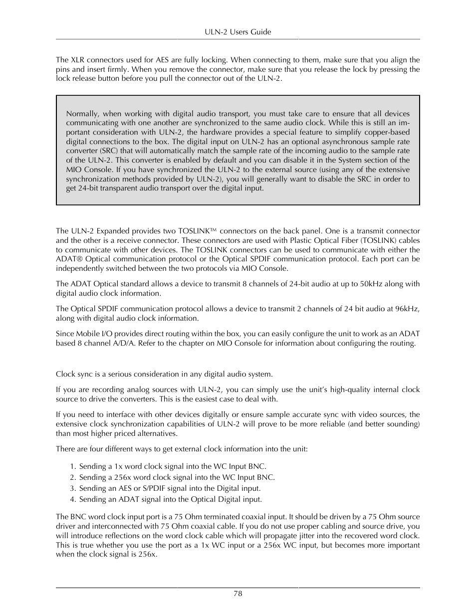 Optical-based digital audio, Clock sync | Metric Halo Mobile I/O User Manual | Page 78 / 371