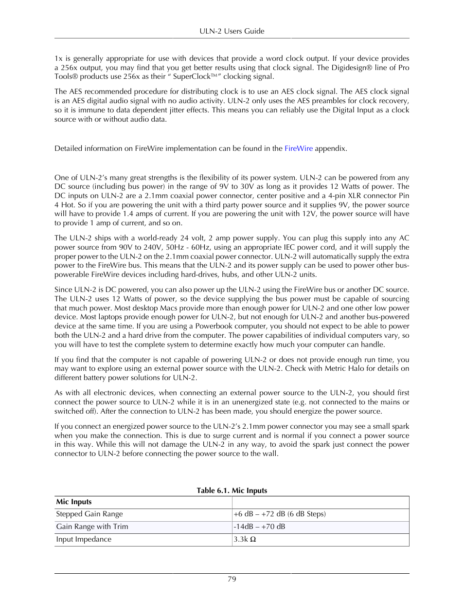 Firewire, Power, Uln-2 specifications | Mic inputs | Metric Halo Mobile I/O User Manual | Page 79 / 371