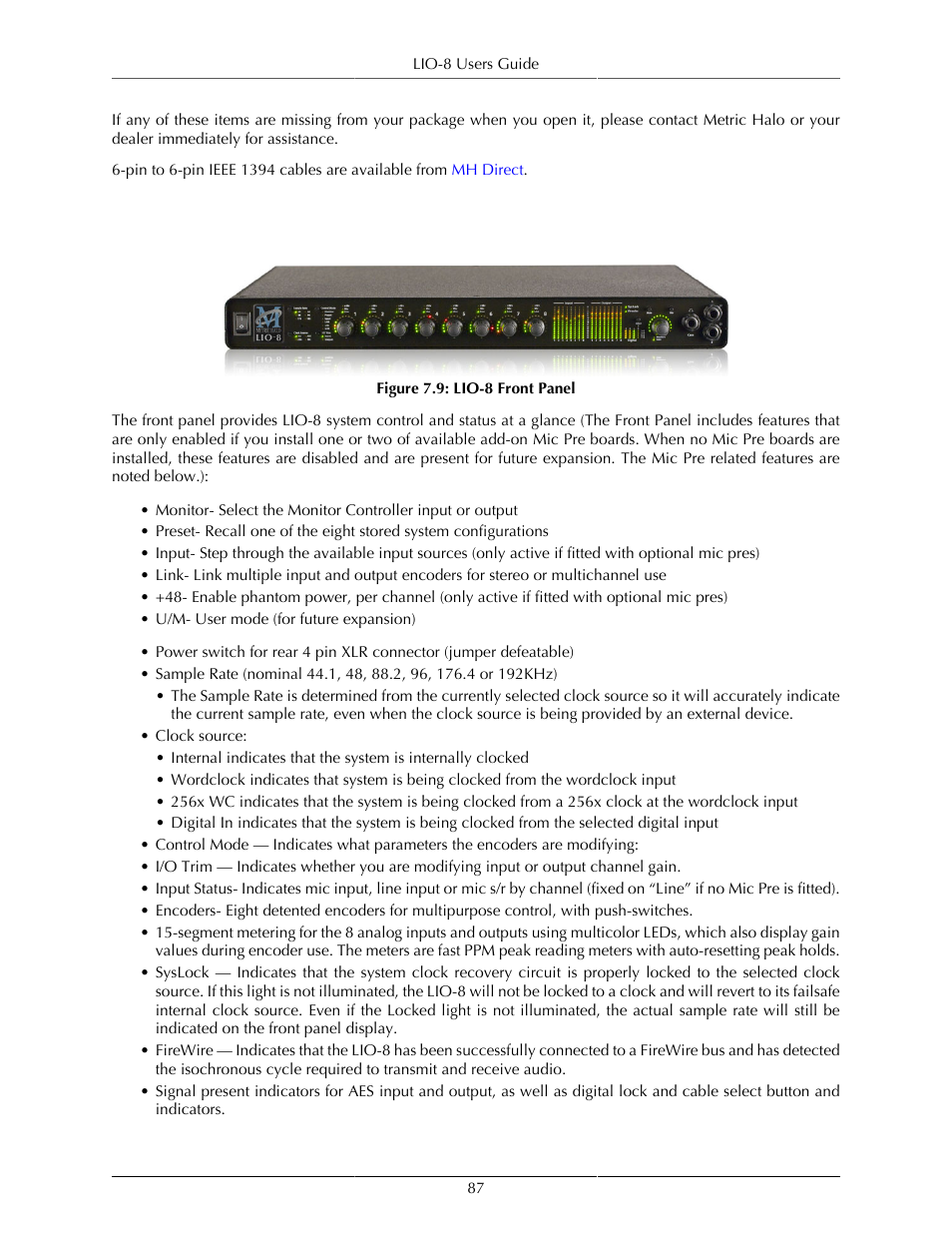 Using the lio-8 hardware, Lio-8 front panel | Metric Halo Mobile I/O User Manual | Page 87 / 371