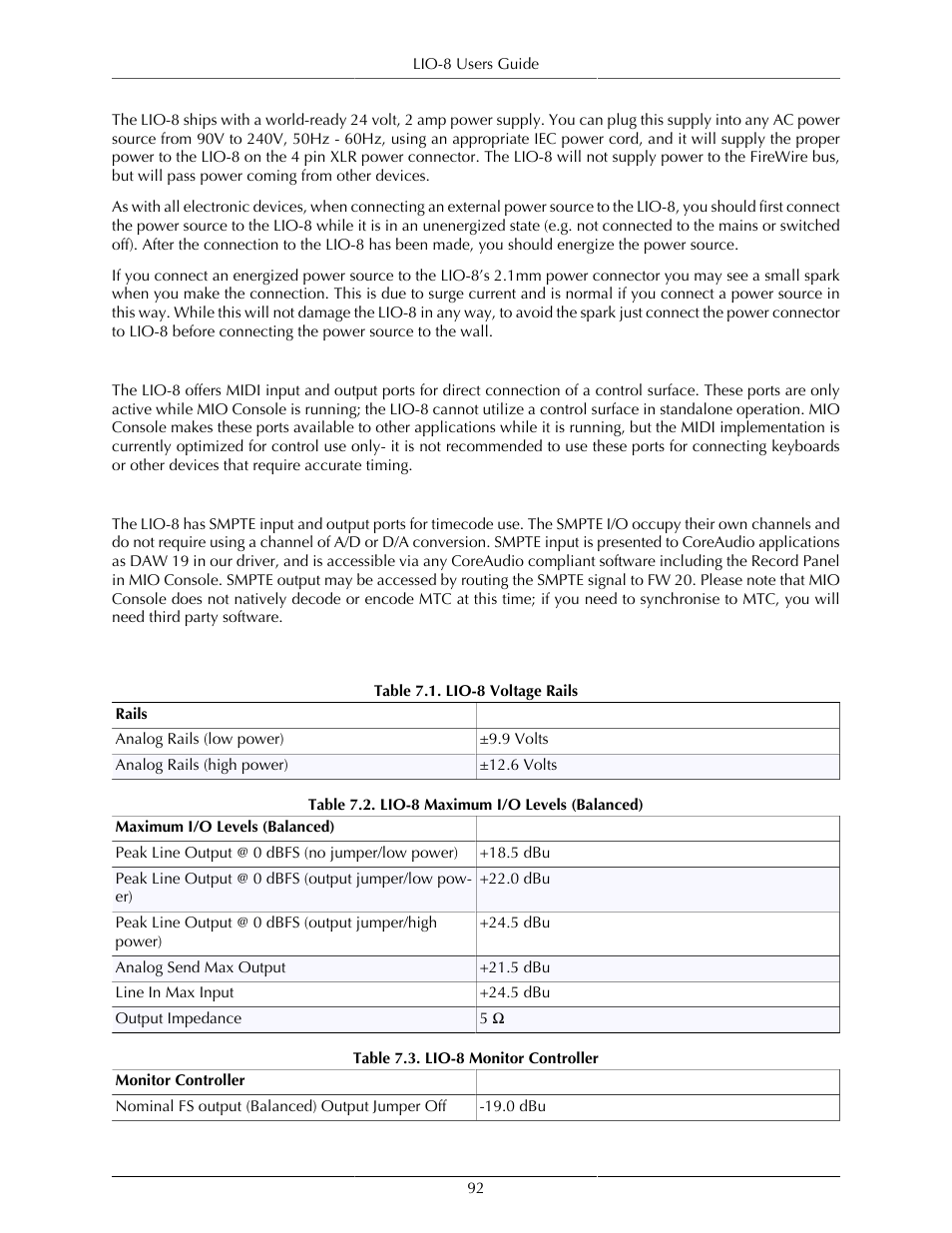 Midi, Smpte, Lio-8 specifications | Lio-8 voltage rails, 92 7.2. lio-8 maximum i/o levels (balanced), 92 7.3. lio-8 monitor controller | Metric Halo Mobile I/O User Manual | Page 92 / 371