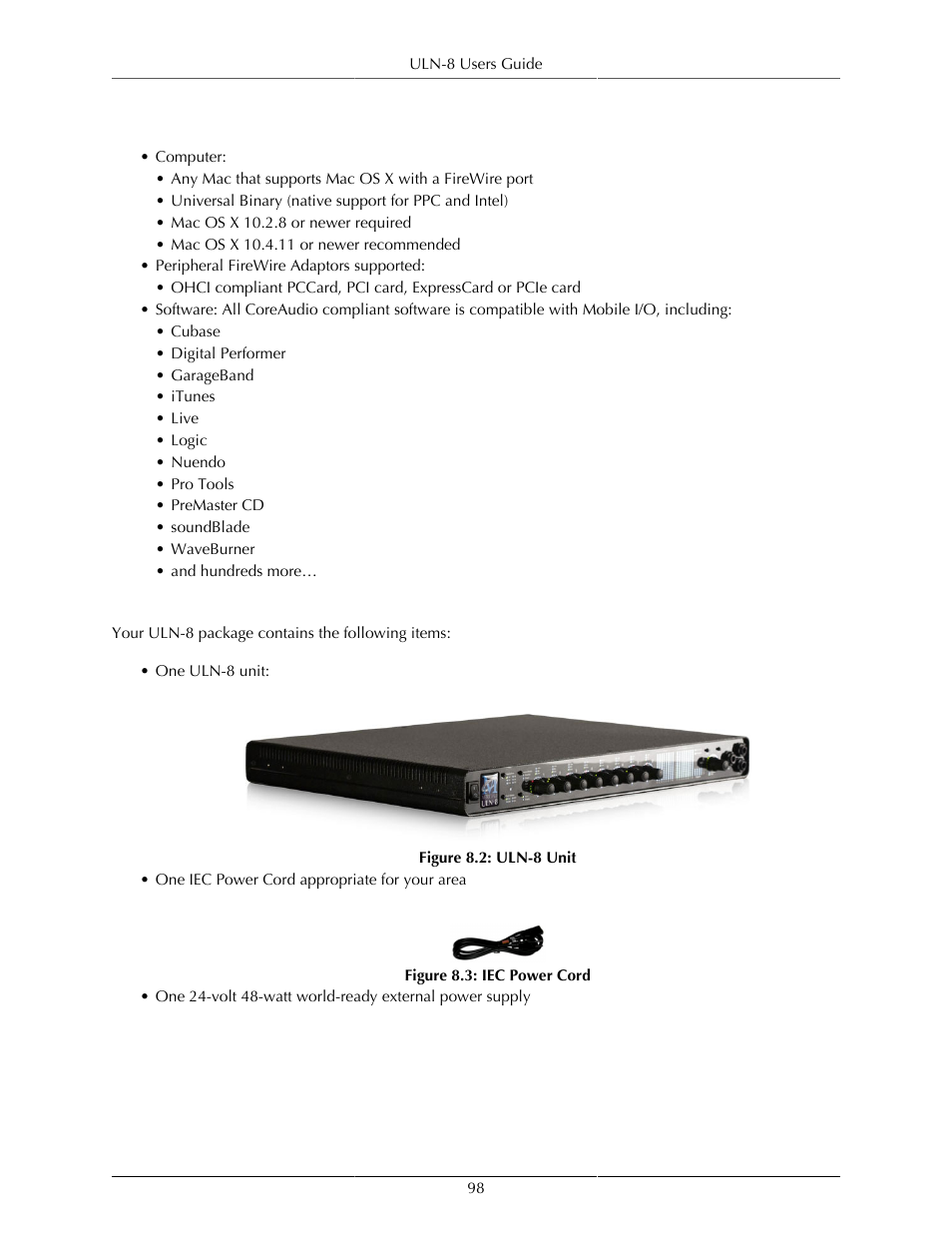 What you need to use it, What comes with it, 98 what comes with it | Uln-8 unit, 98 8.3. iec power cord | Metric Halo Mobile I/O User Manual | Page 98 / 371