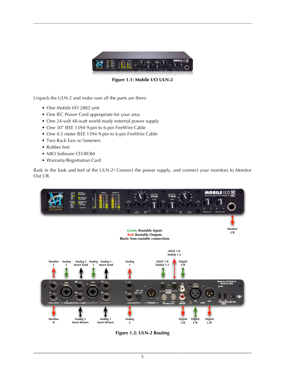 Mobile i/o uln-2 quick start guide, Prepare the unit for use, Mobile i/o uln-2 | 5 1.2. uln-2 routing, Figure 1.1: mobile i/o uln-2, Figure 1.2: uln-2 routing | Metric Halo ULN-2 QuickStartGuide User Manual | Page 5 / 12