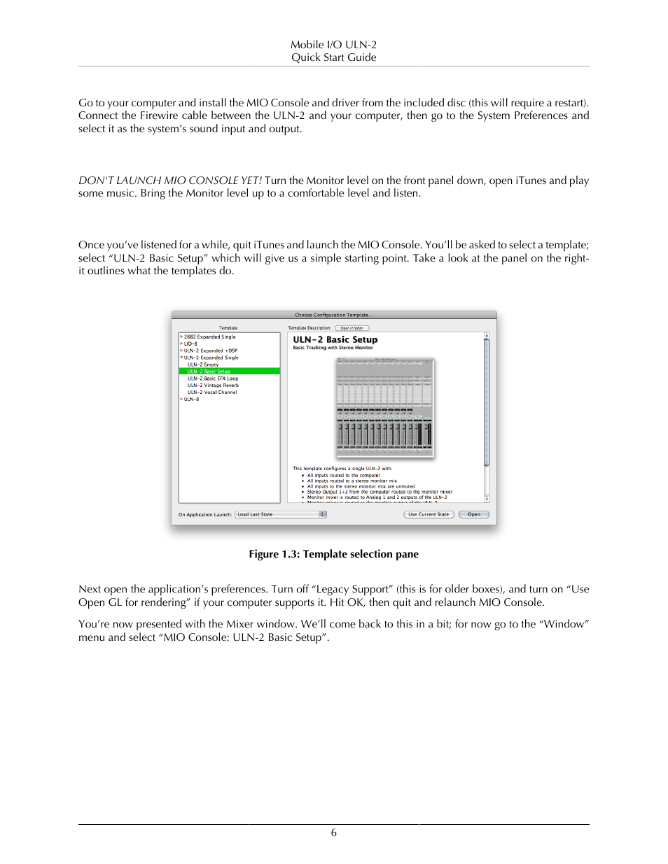Connect the uln-2 to your computer, Take a listen, The mio console | 6 take a listen, 6 the mio console, Template selection pane | Metric Halo ULN-2 QuickStartGuide User Manual | Page 6 / 12