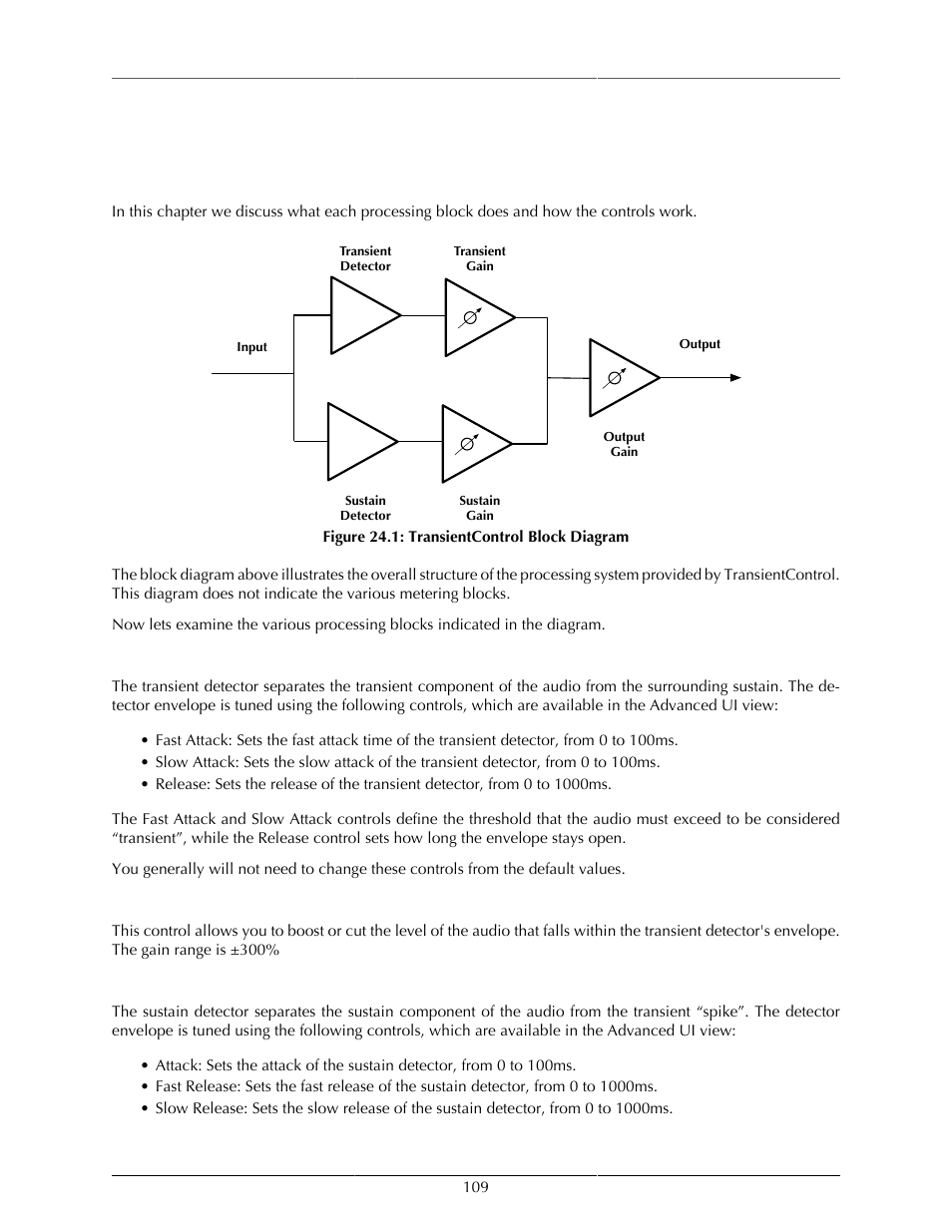 Processing, A detailed description, Transient detector | Transient gain, Sustain detector, 109 transient gain, 109 sustain detector, Transientcontrol block diagram | Metric Halo Production Bundle User Manual | Page 109 / 122