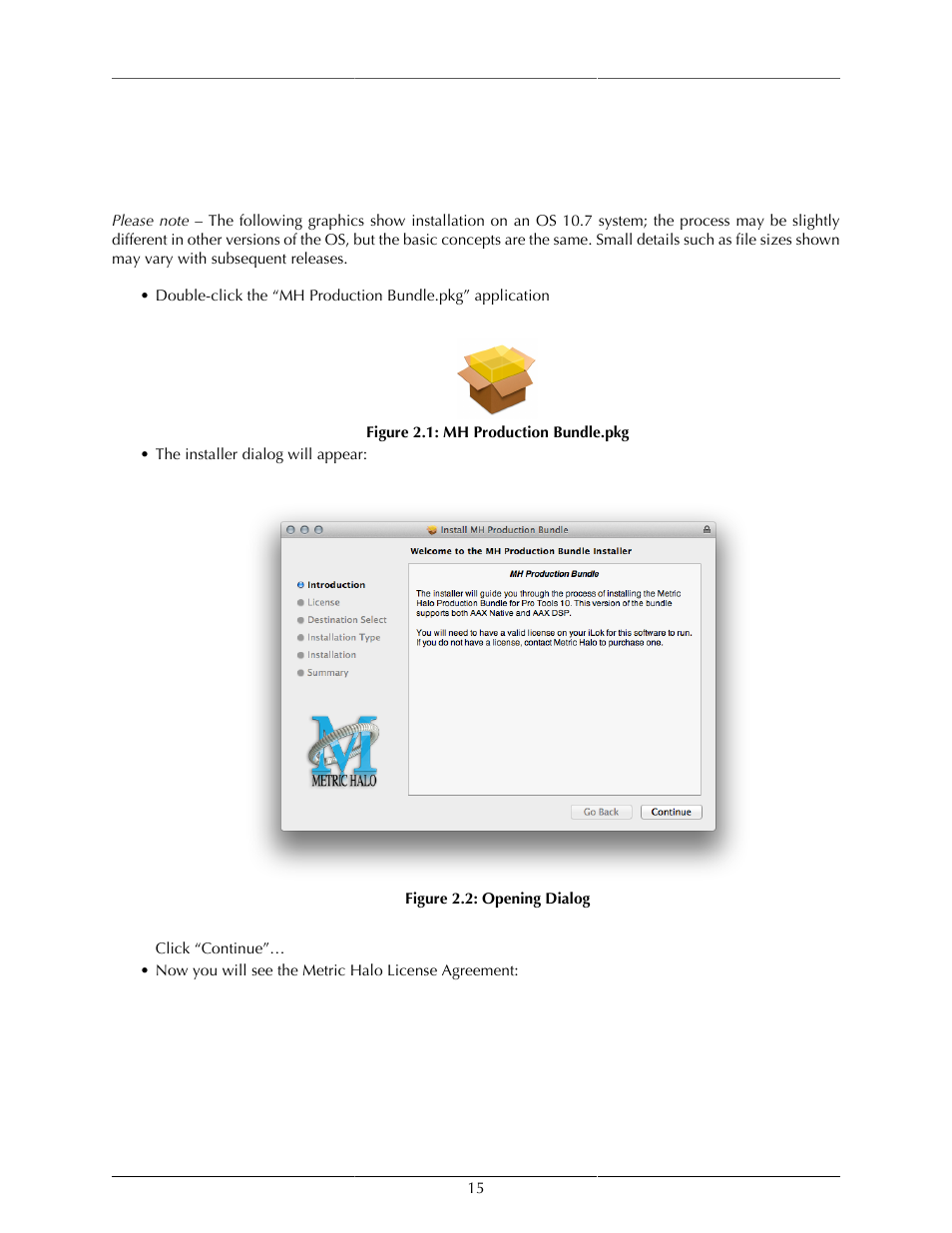 Installation, Macintosh, Mh production bundle.pkg | 15 2.2. opening dialog | Metric Halo Production Bundle User Manual | Page 15 / 122