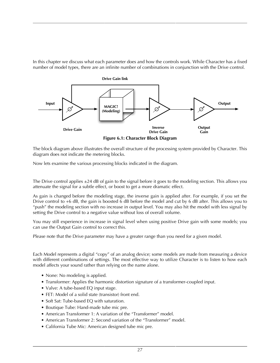 Processing, A detailed description, Drive | Character model, 27 character model, Character block diagram | Metric Halo Production Bundle User Manual | Page 27 / 122