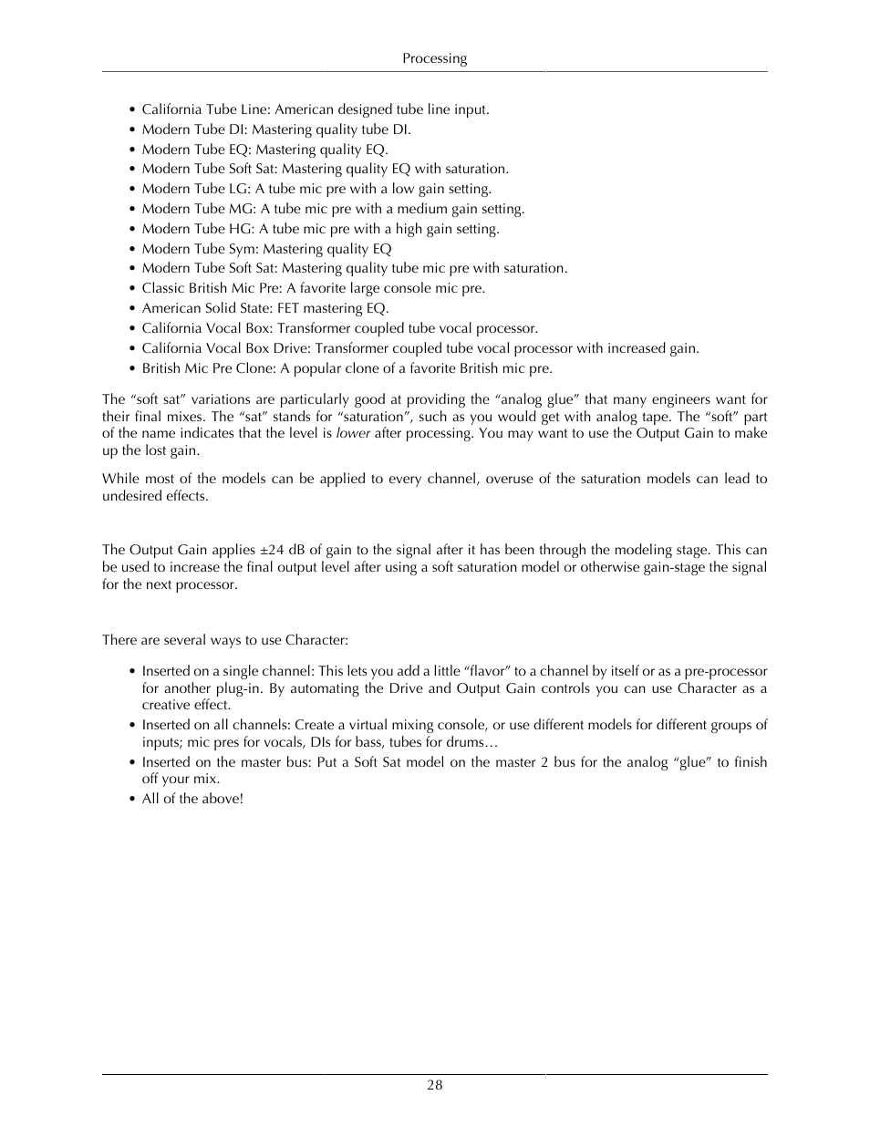 Output gain, Using character in your projects | Metric Halo Production Bundle User Manual | Page 28 / 122