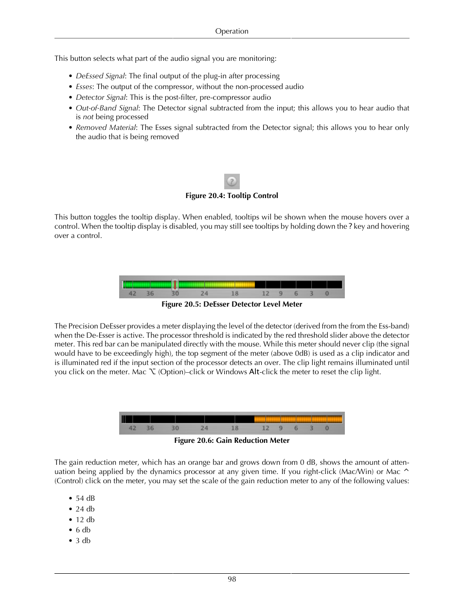 Tooltip control, Deesser detector level meter, Gain reduction meter | 98 deesser detector level meter, 98 gain reduction meter, 98 20.5. deesser detector level meter, 98 20.6. gain reduction meter, Advanced process metering, Scalable gain reduction meter | Metric Halo Production Bundle User Manual | Page 98 / 122