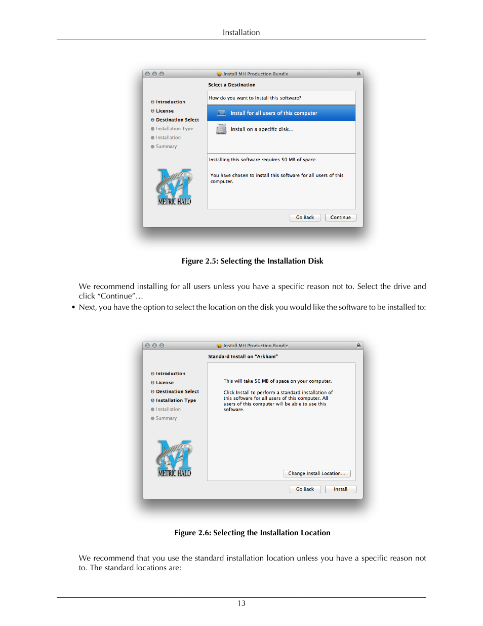 Selecting the installation disk, 13 2.6. selecting the installation location | Metric Halo ChannelStrip 3 User Manual | Page 13 / 61