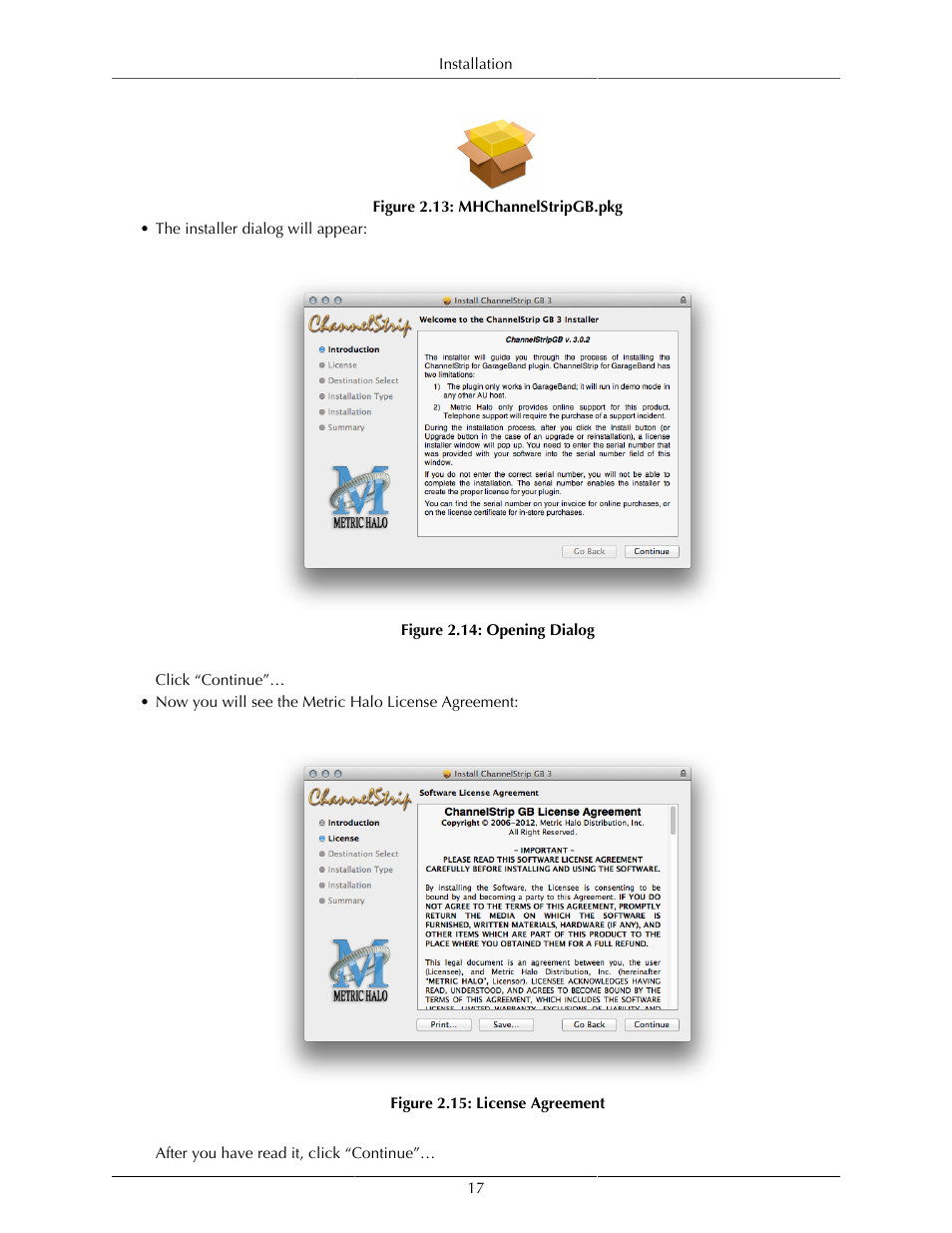 Mhchannelstripgb.pkg, 17 2.14. opening dialog, 17 2.15. license agreement | Metric Halo ChannelStrip 3 User Manual | Page 17 / 61