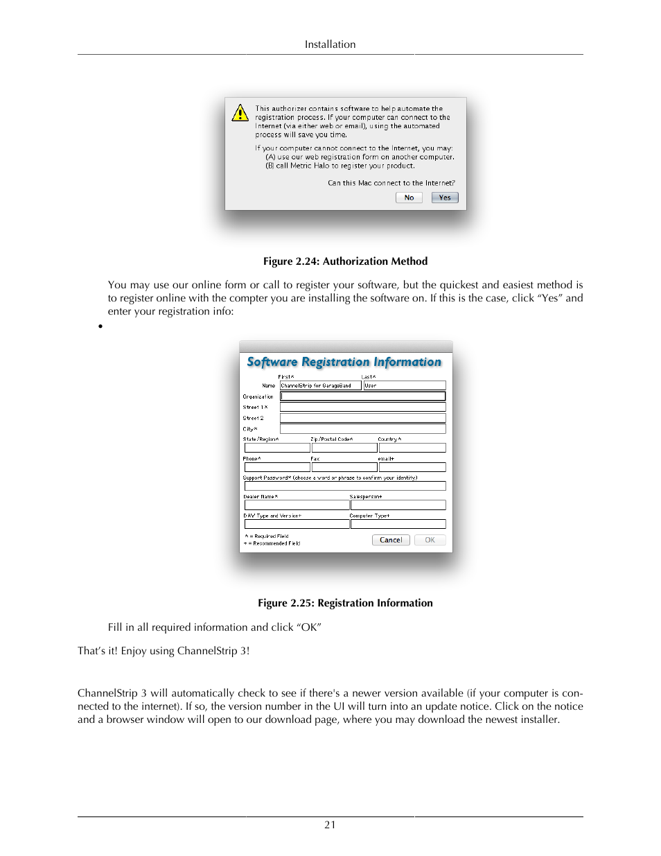 Update notification, Authorization method, 21 2.25. registration information | Metric Halo ChannelStrip 3 User Manual | Page 21 / 61