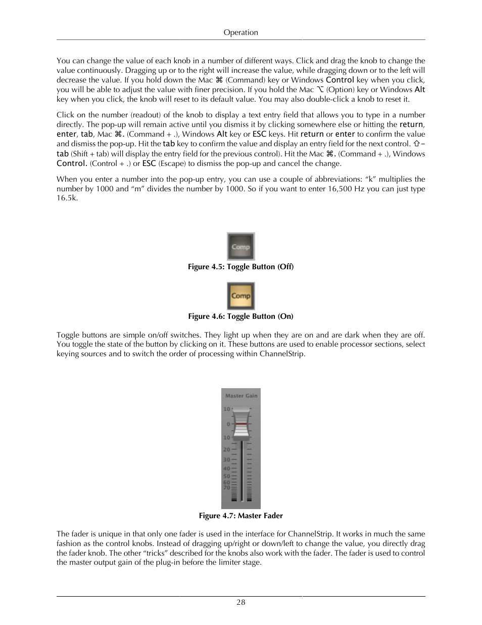 Toggle button, Fader, 28 fader | Toggle button (off), 28 4.6. toggle button (on), 28 4.7. master fader | Metric Halo ChannelStrip 3 User Manual | Page 28 / 61