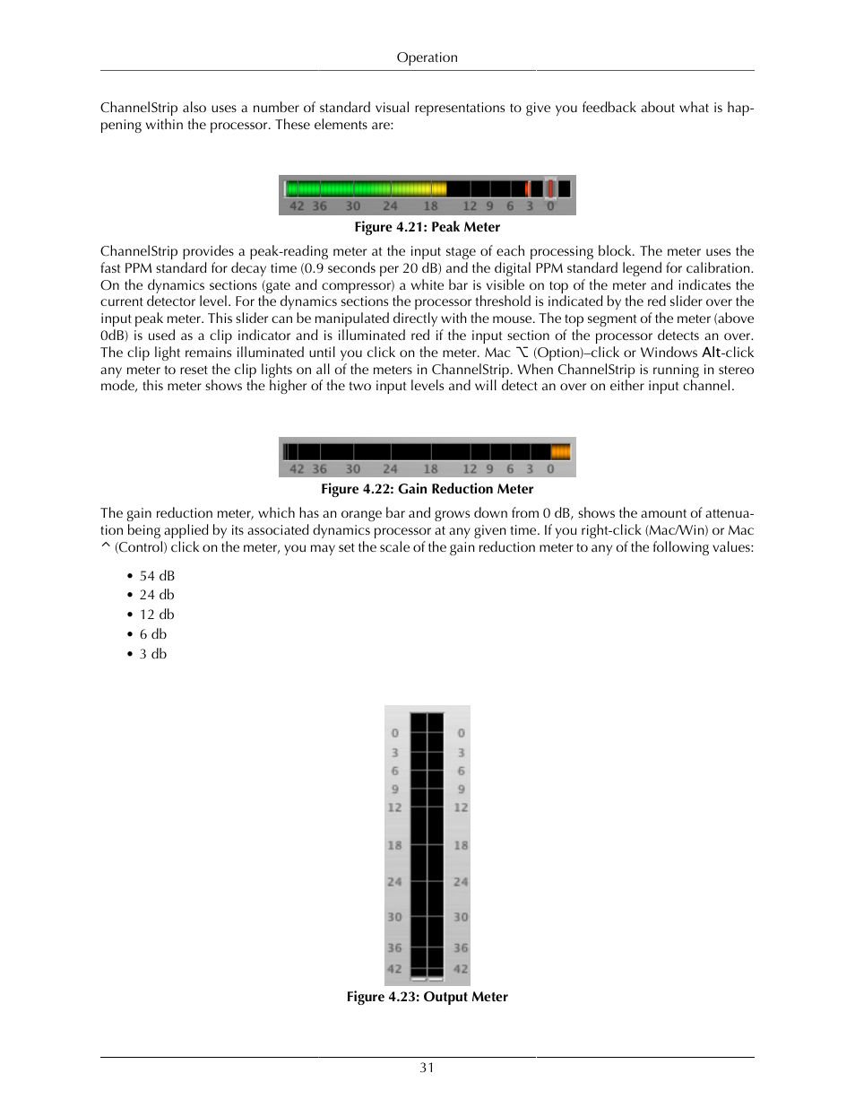 Peak meter, Gain reduction meter, Peak, rms, vu output meter | 31 gain reduction meter, 31 peak, rms, vu output meter, 31 4.22. gain reduction meter, 31 4.23. output meter, Advanced metering, Scalable gain reduction meters | Metric Halo ChannelStrip 3 User Manual | Page 31 / 61