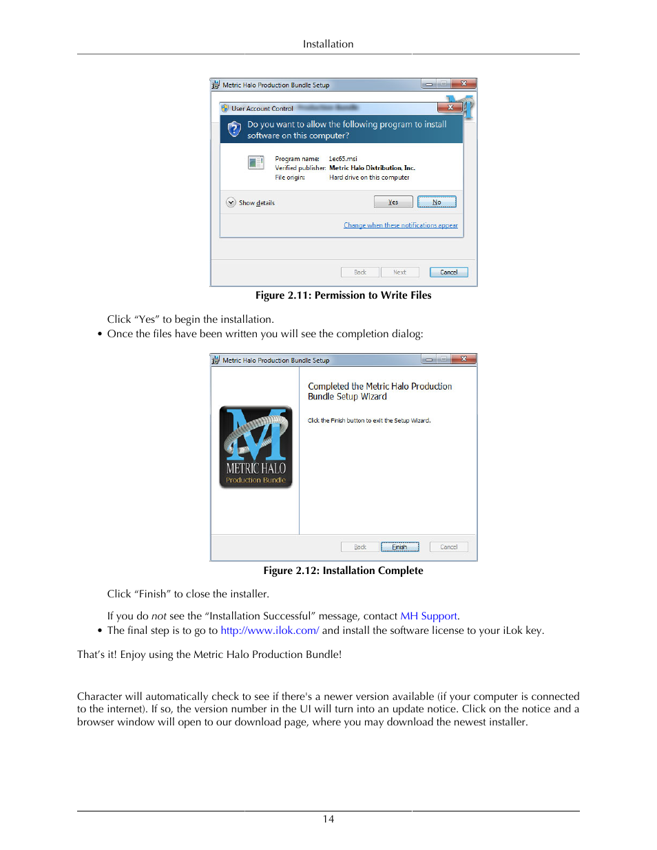Update notification, Permission to write files, 14 2.12. installation complete | Metric Halo Character User Manual | Page 14 / 33