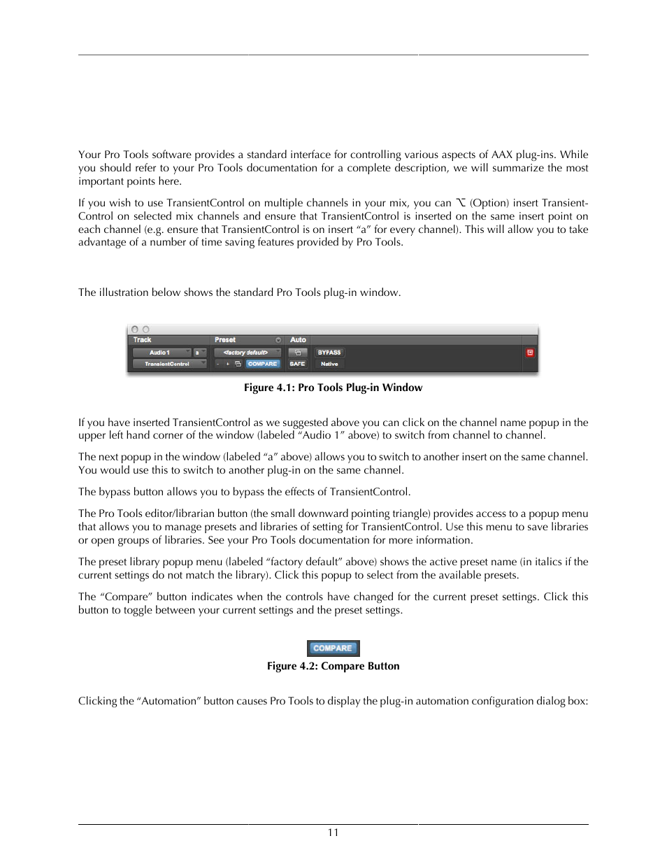 Working with hosts, Pro tools, Plug-in window | Pro tools plug-in window, 11 4.2. compare button | Metric Halo TransientControl User Manual | Page 11 / 14