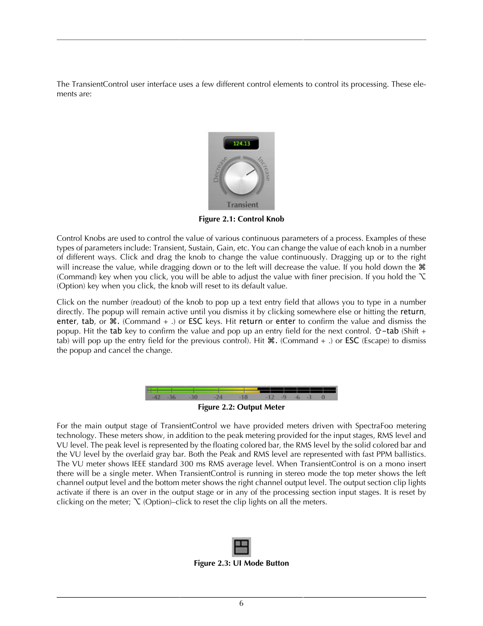 Operation, Control knob, Output meter | Ui mode button, 6 output meter, 6 ui mode button, 6 2.2. output meter, 6 2.3. ui mode button | Metric Halo TransientControl User Manual | Page 6 / 14