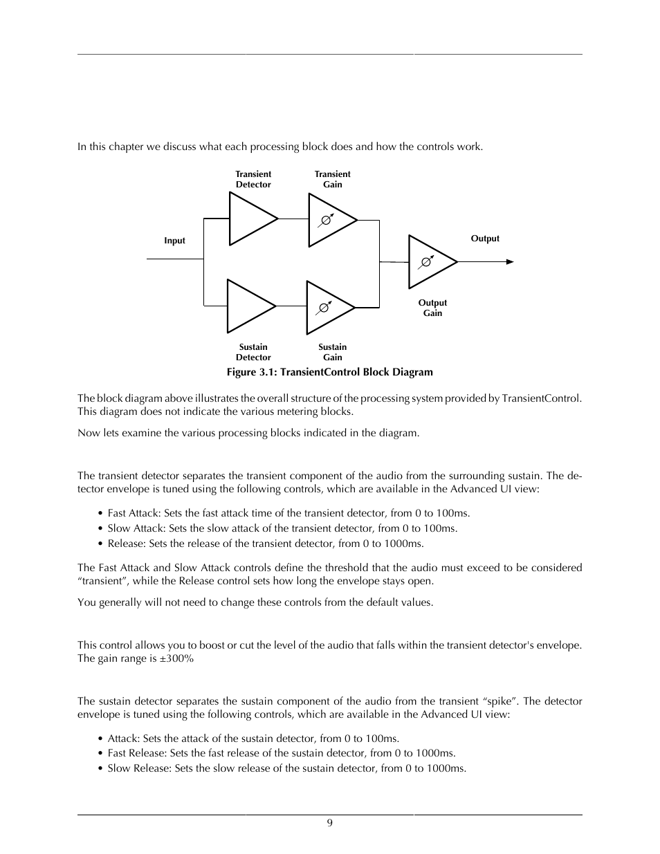 Processing, A detailed description, Transient detector | Transient gain, Sustain detector, 9 transient gain, 9 sustain detector, Transientcontrol block diagram | Metric Halo TransientControl User Manual | Page 9 / 14