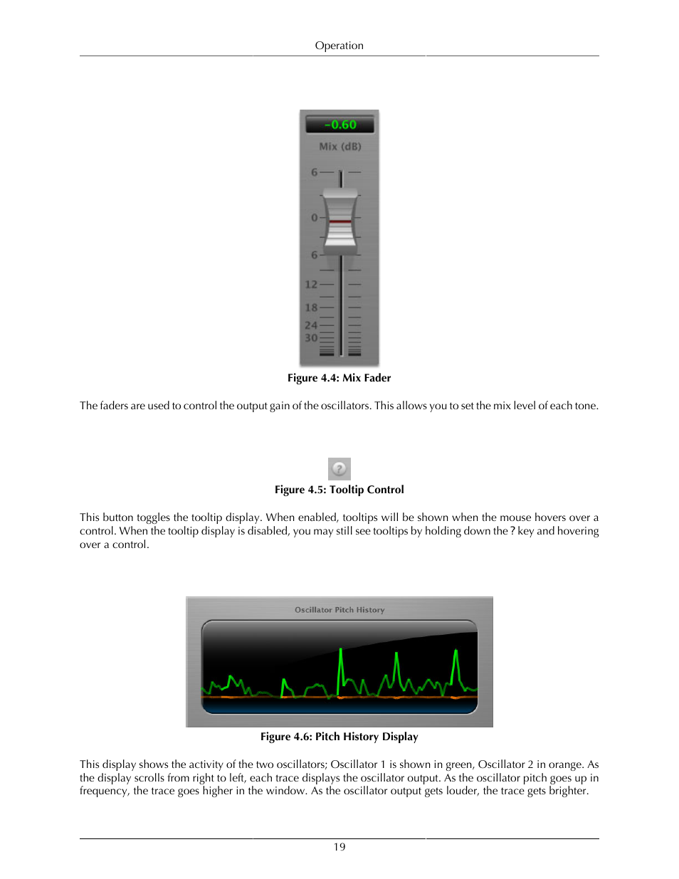 Fader, Tooltip control, Oscillator pitch history | 19 tooltip control, 19 oscillator pitch history, Mix fader, 19 4.5. tooltip control, 19 4.6. pitch history display | Metric Halo Thump User Manual | Page 19 / 33