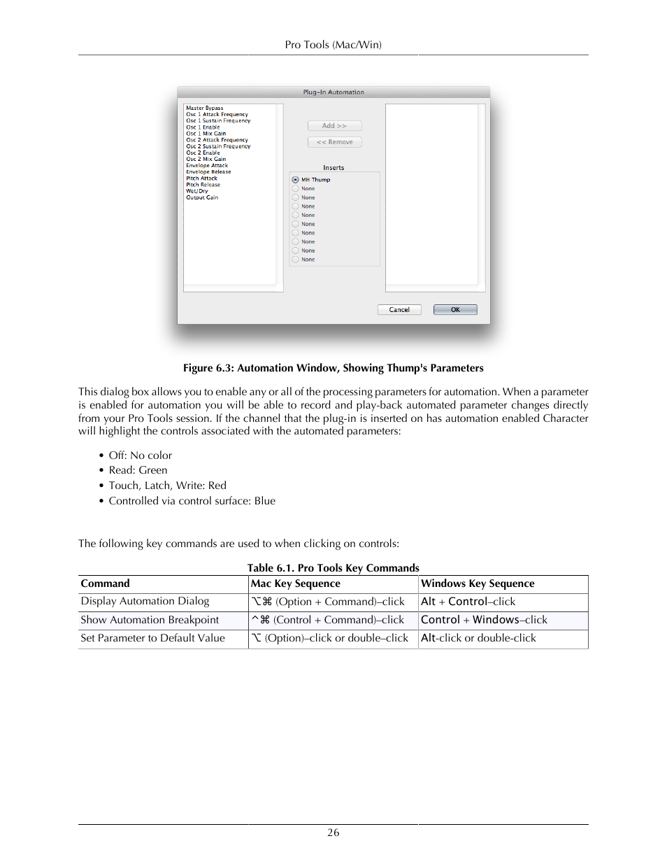 Key commands, Automation window, showing thump's parameters, Pro tools key commands | Metric Halo Thump User Manual | Page 26 / 33
