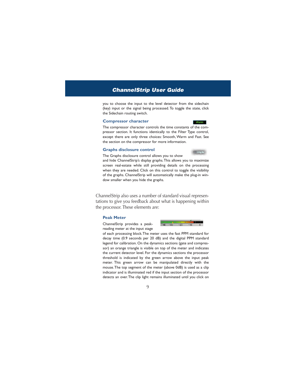 Compressor character, Graphs disclosure control, Peak meter | Channelstrip user guide | Metric Halo ChannelStrip 2 User Manual | Page 13 / 43