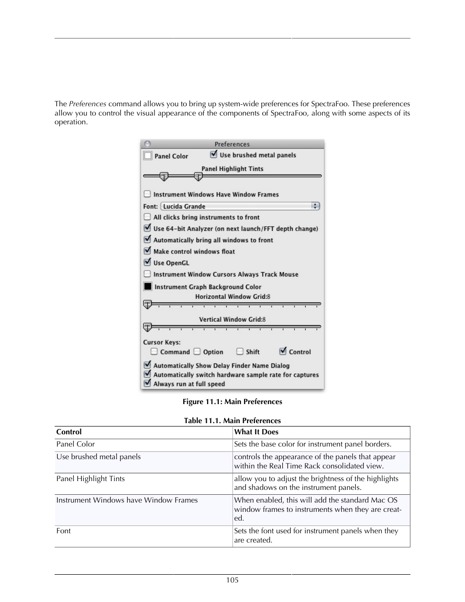 Quick menu reference, Main, Main preferences | Metric Halo SpectraFoo User Manual | Page 105 / 123
