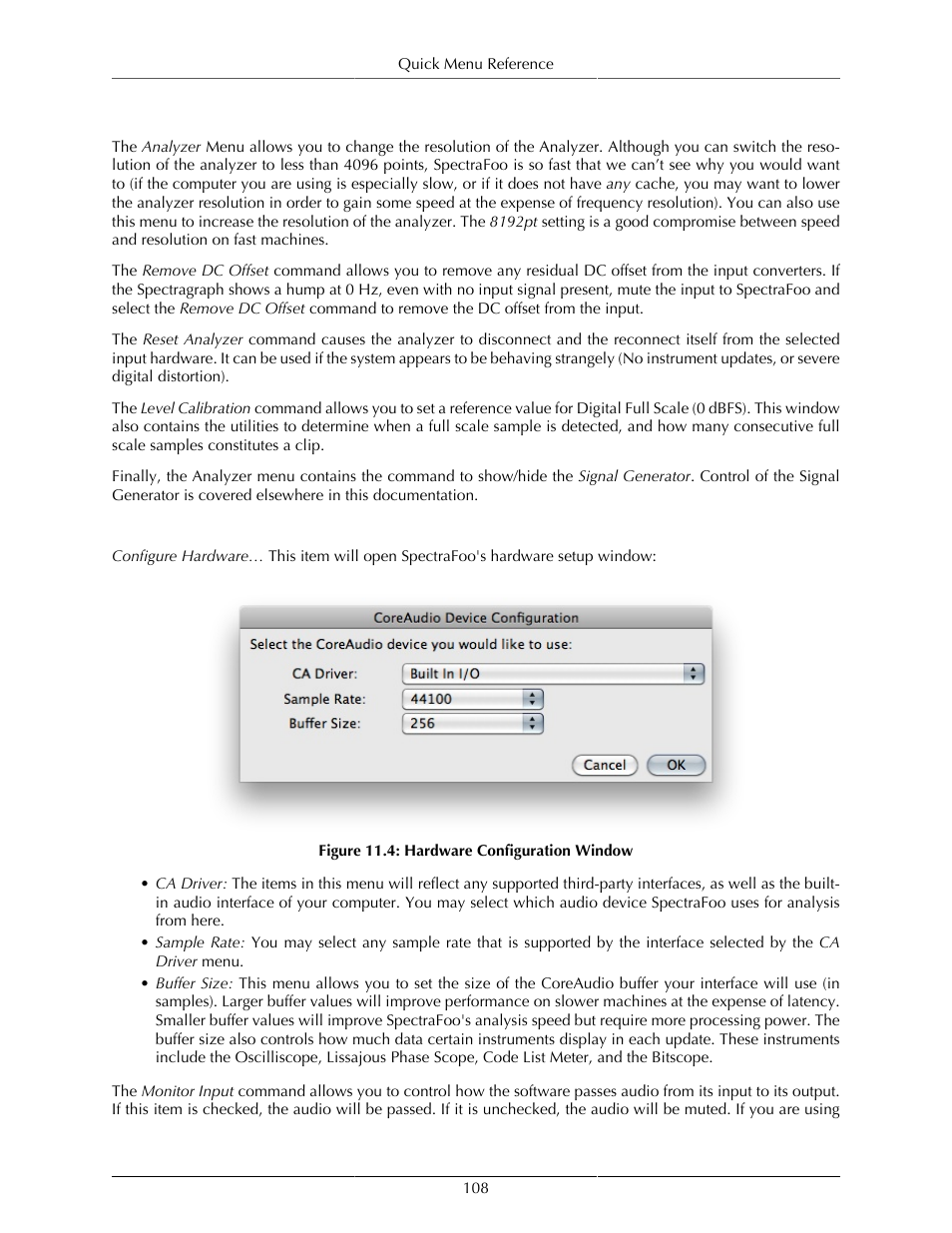 Analyzer, Audio i/o, 108 audio i/o | Hardware configuration window | Metric Halo SpectraFoo User Manual | Page 108 / 123